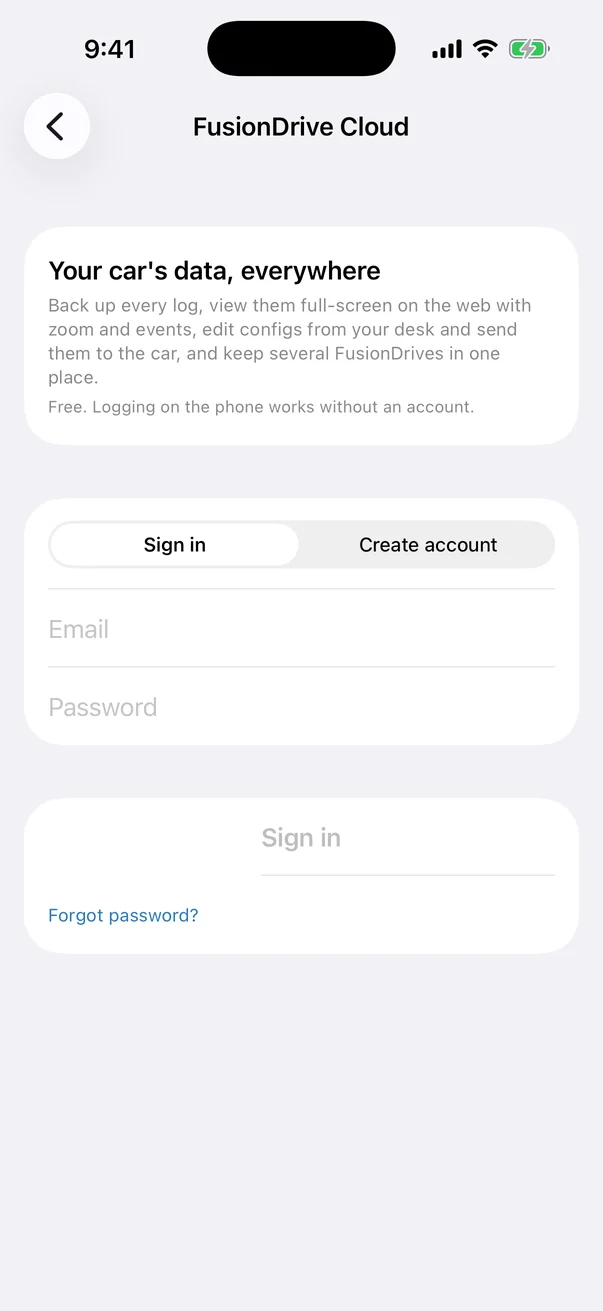FusionDrive Cloud screen with account details, sync controls, devices list and Intelligence licences