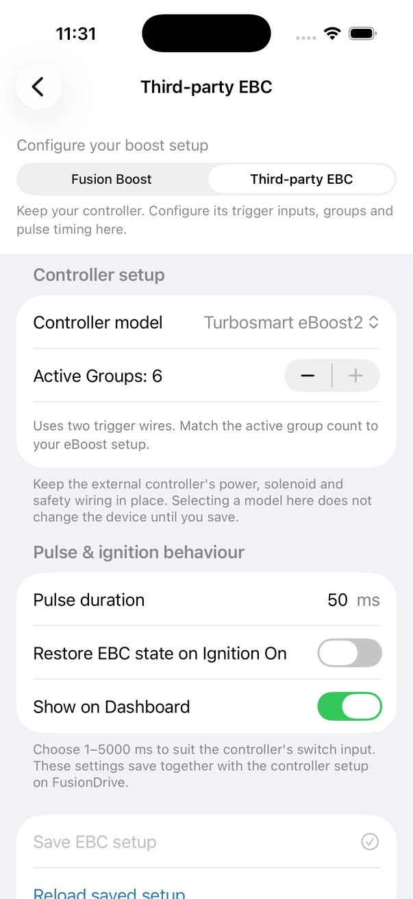 Third-party EBC setup showing controller model, active groups, pulse timing, ignition restore and Save EBC setup