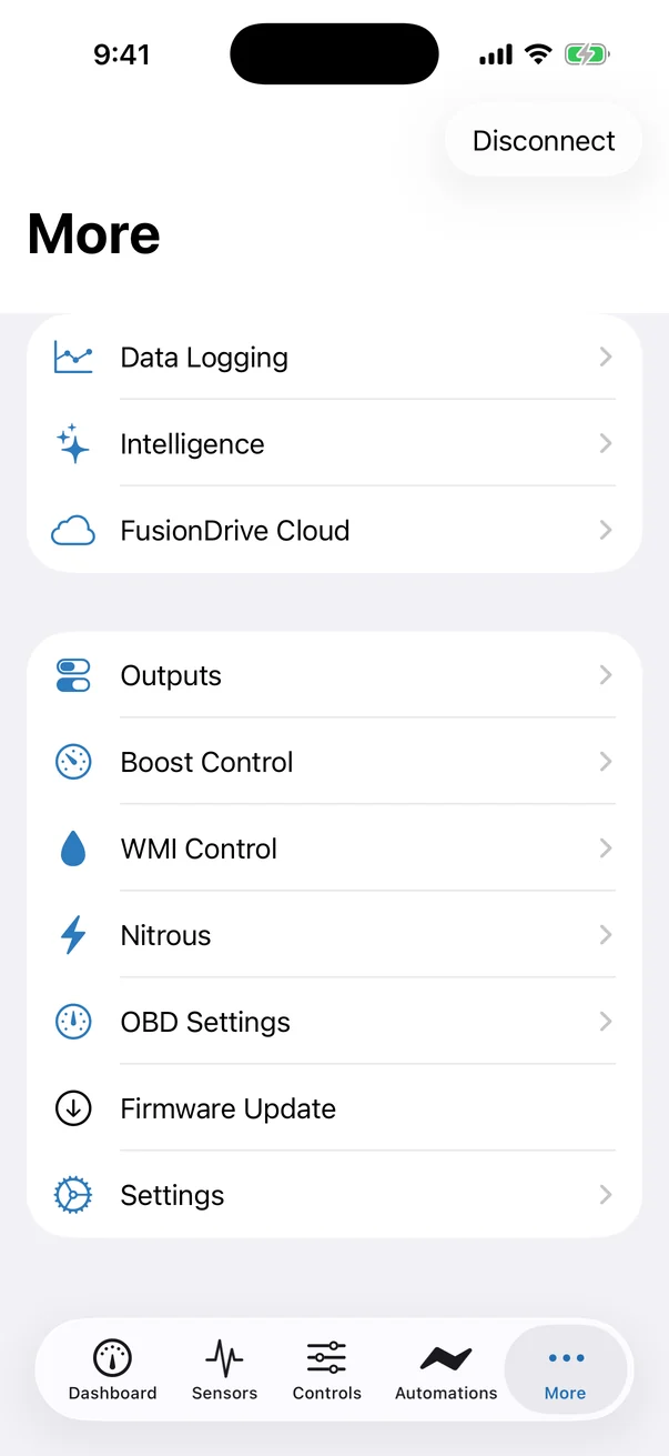 The More tab listing Data Logging, Intelligence, FusionDrive Cloud, Outputs, Boost Control, WMI Control, Nitrous, OBD Settings, Firmware Update and Settings