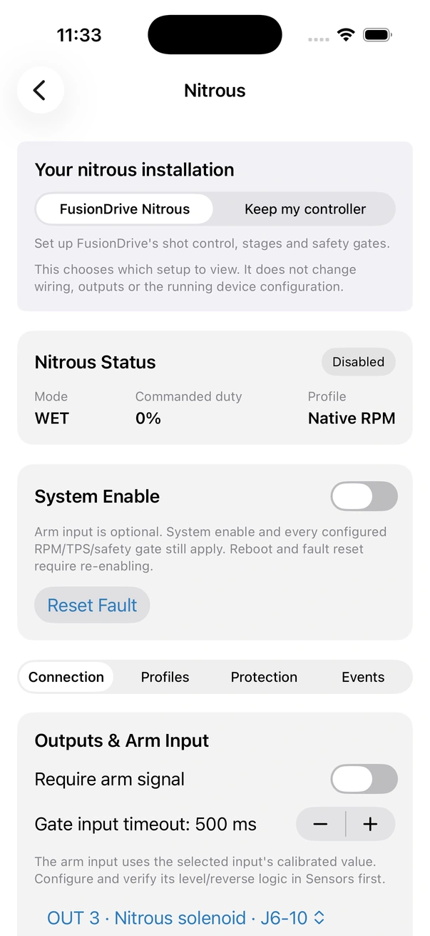 Nitrous page with installation choice, live status, System Enable and Setup, Control, Protection and History sections