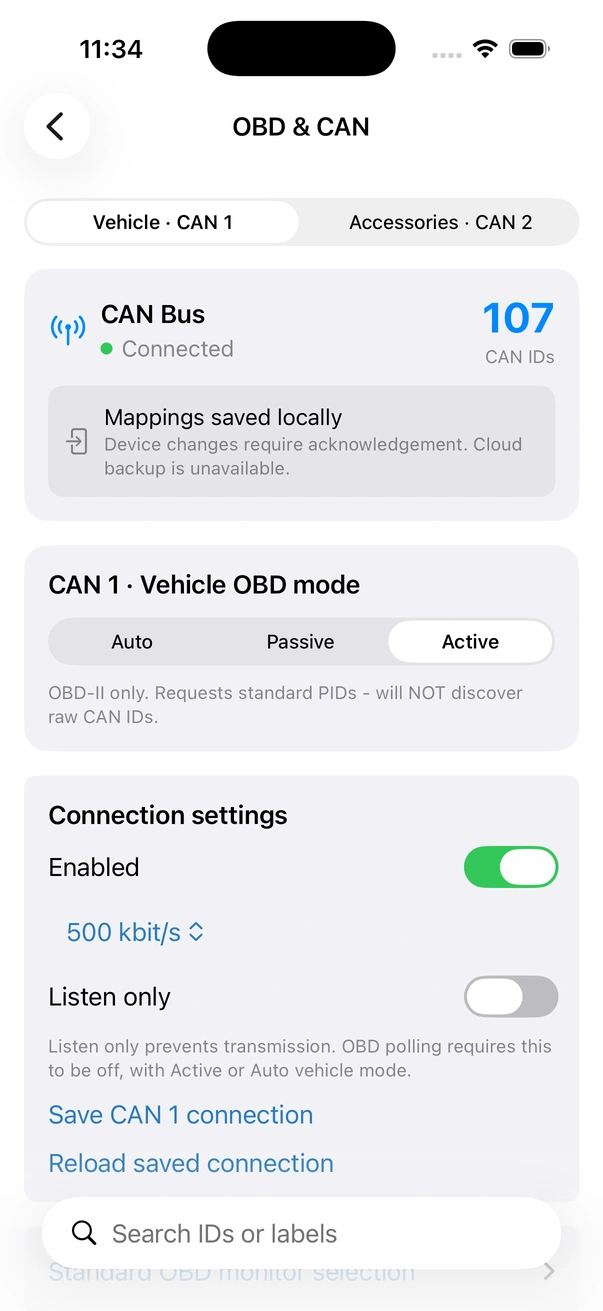 OBD and CAN page with Vehicle CAN1 and Accessories CAN2 tabs, vehicle mode and the selected bus connection settings
