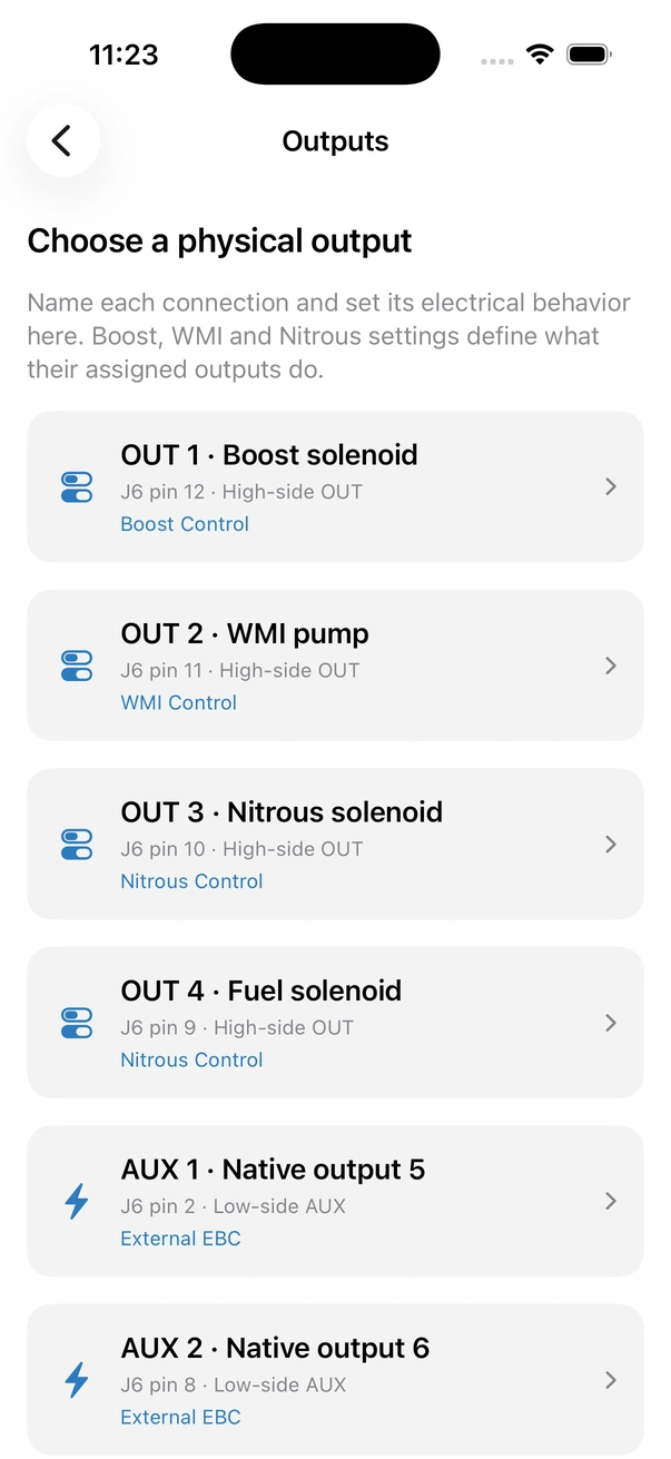 Outputs list with a named row for each OUT or AUX channel; tap a row for Output setup