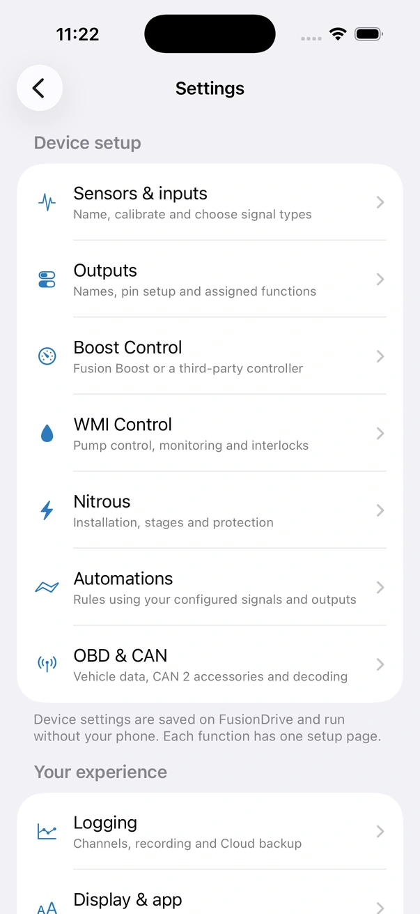 Settings overview with links to Sensors and inputs, Outputs, Boost Control, WMI Control, Nitrous, Automations, OBD and CAN, Logging, Display and app, Account, Device and firmware