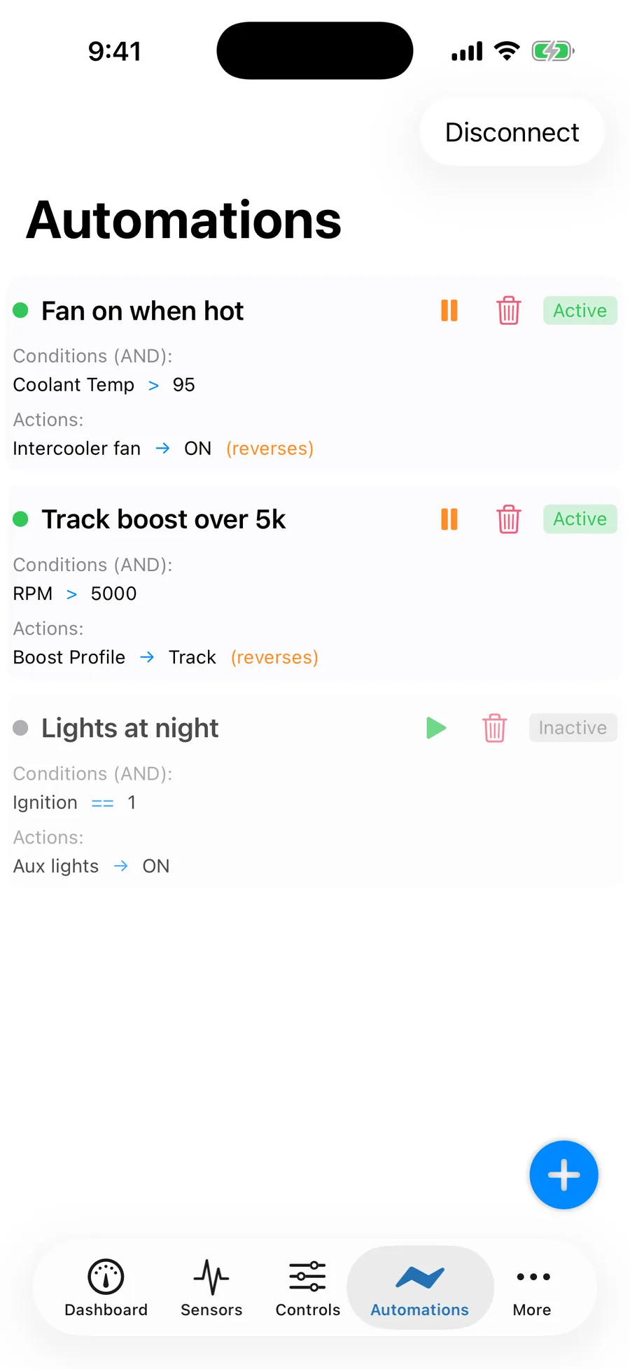 Automation rows showing rule names, condition summaries and toggles