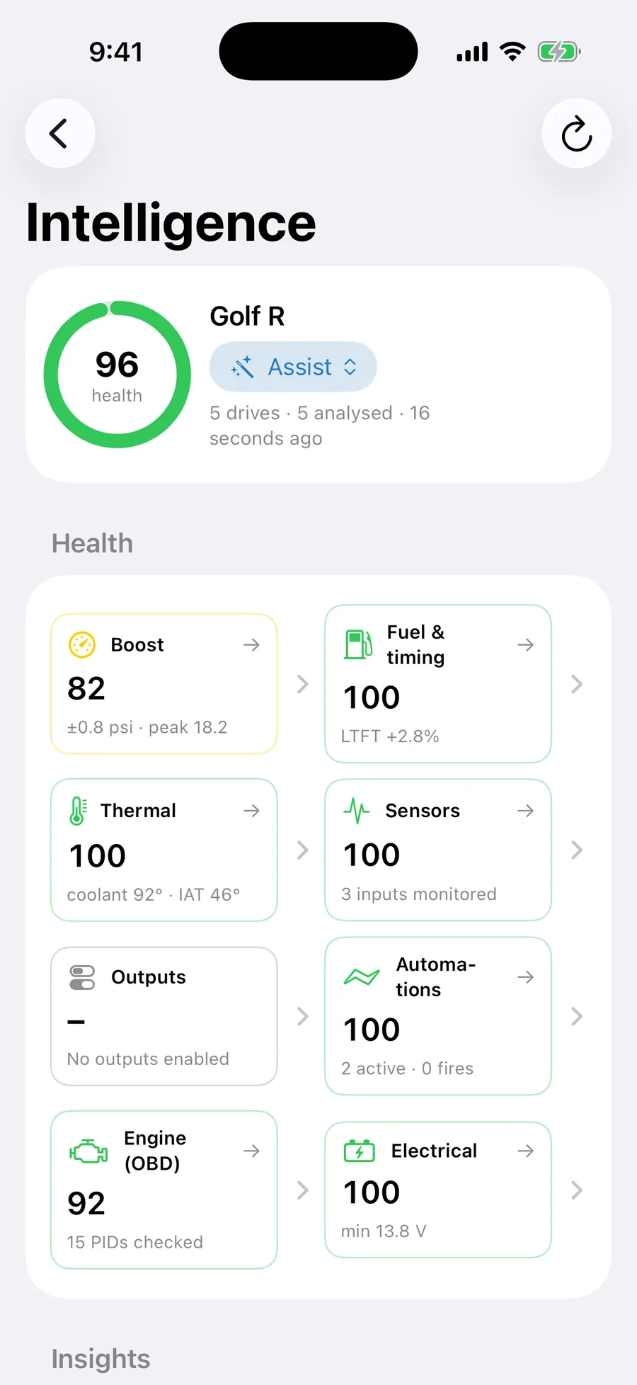 Health section listing Boost, Fuel and timing, Thermal, Sensors, Outputs, Automations, Electrical and Performance with scores