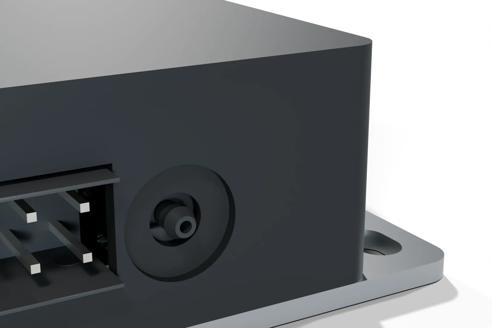 Close-up of the boost hose barb on the connector face, next to the power and outputs port