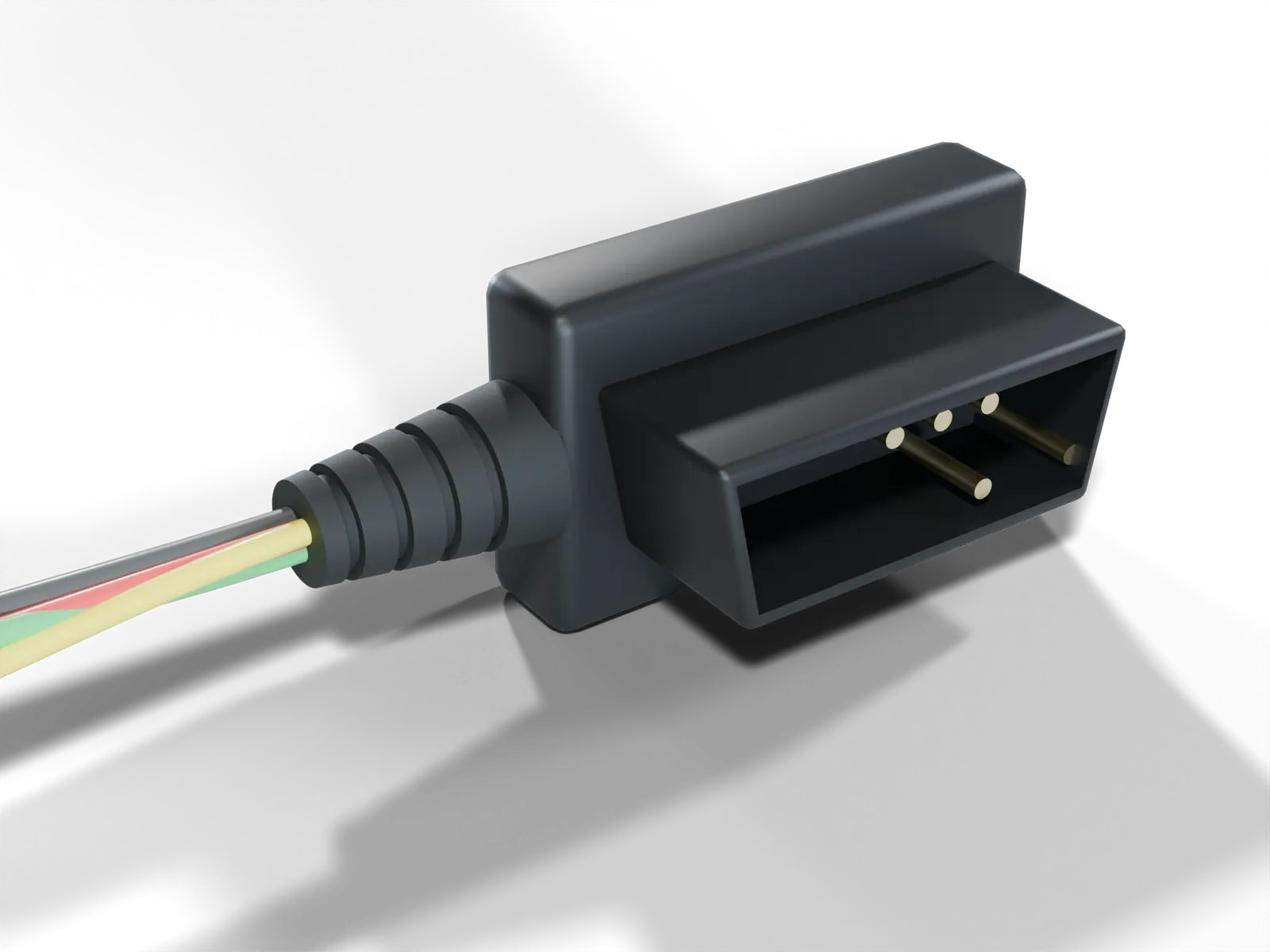 Close-up of the low-profile OBD-II plug on Harness A showing its five contacts