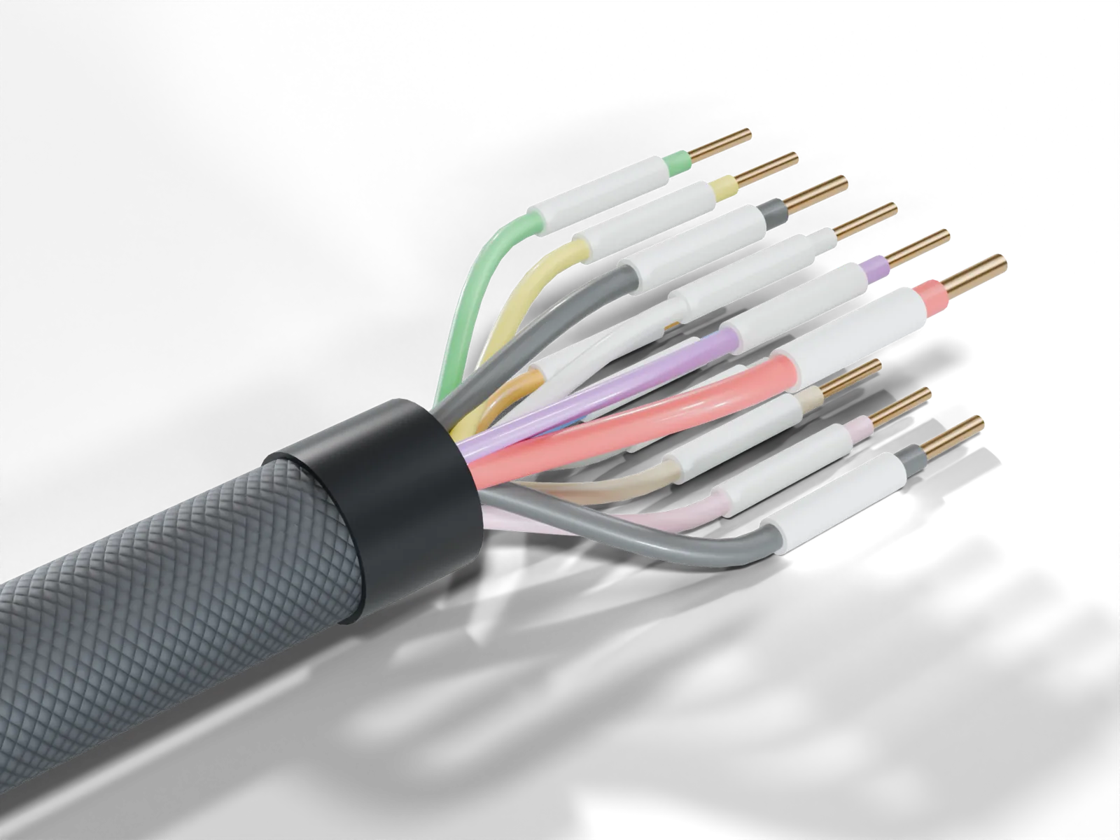 Harness B flying leads with printed labels including BATT+ 30A, GND, IGN, CAN2 H, CAN2 L, OUT1 10A to OUT4 10A and AUX1 1A, AUX2 1A
