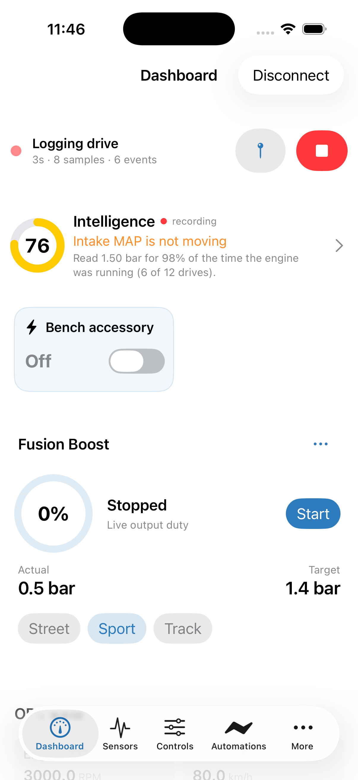 Dashboard with logging, Intelligence, a compact accessory switch and Fusion Boost profile controls