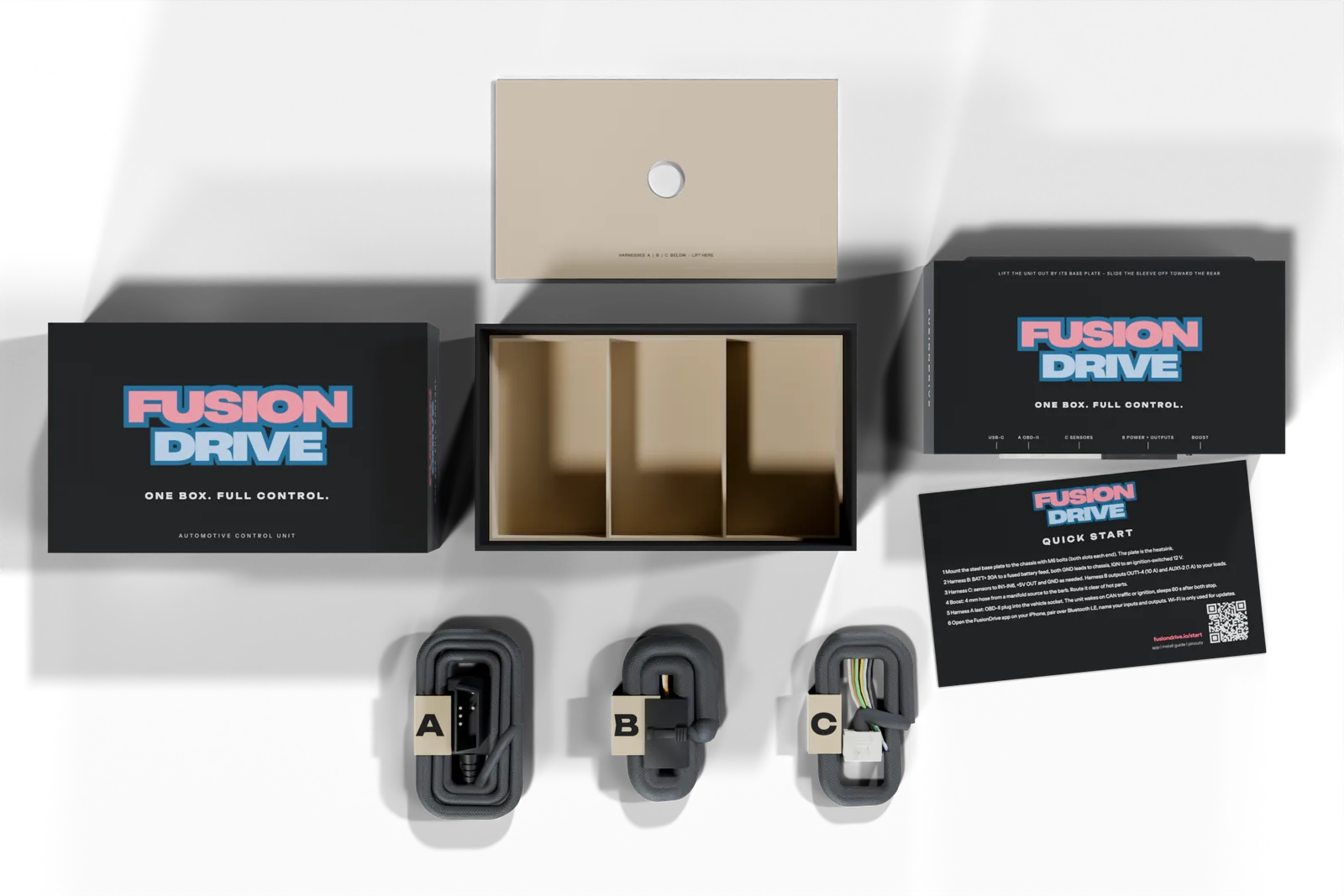 Everything in the FusionDrive box laid out from above: the lid, the base with its harness tray and tray panel, the controller in its printed sleeve, the quick start card, and harnesses A, B and C coiled in their bands