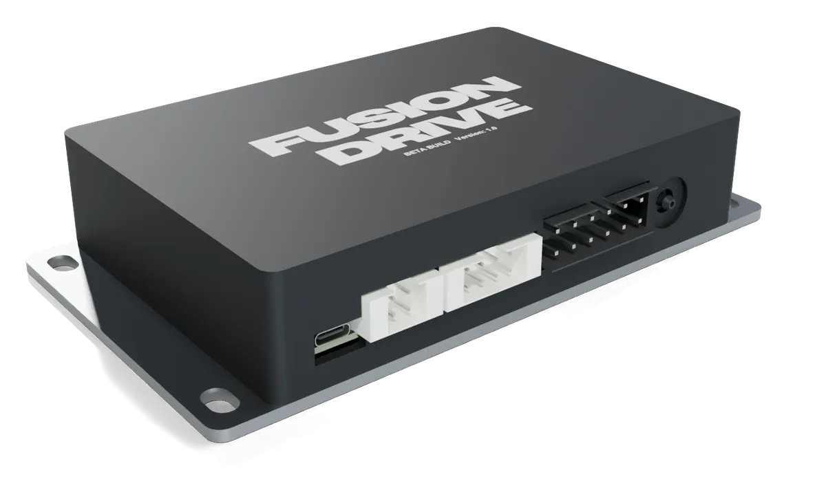 FusionDrive connector face: USB-C, the 8-way sensor plug, the 12-way power and output plug, CAN header and boost barb